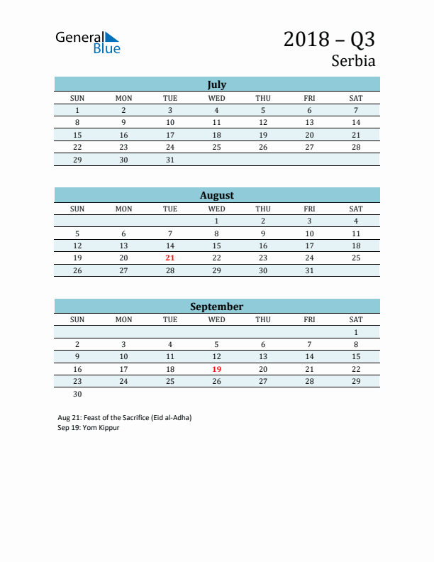 Three-Month Planner for Q3 2018 with Holidays - Serbia