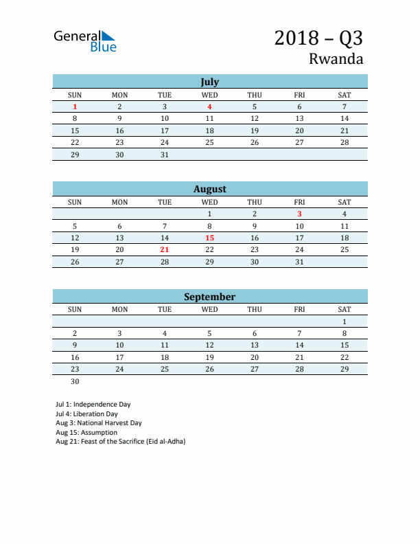 Three-Month Planner for Q3 2018 with Holidays - Rwanda