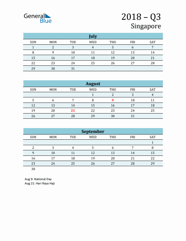 Three-Month Planner for Q3 2018 with Holidays - Singapore