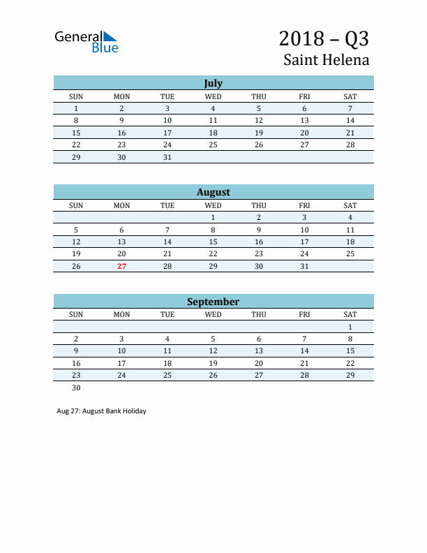 Three-Month Planner for Q3 2018 with Holidays - Saint Helena