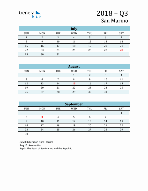 Three-Month Planner for Q3 2018 with Holidays - San Marino