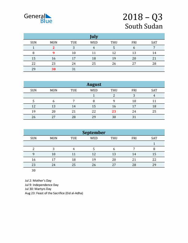 Three-Month Planner for Q3 2018 with Holidays - South Sudan