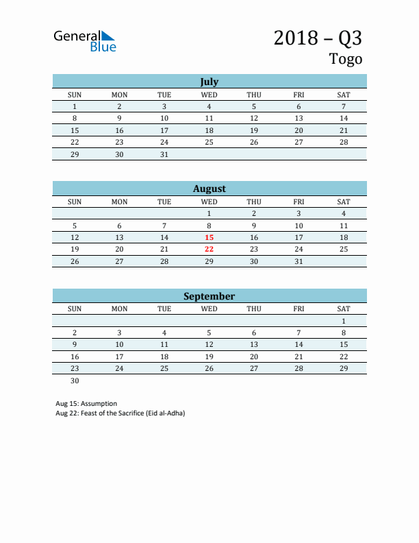 Three-Month Planner for Q3 2018 with Holidays - Togo
