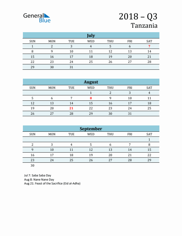 Three-Month Planner for Q3 2018 with Holidays - Tanzania