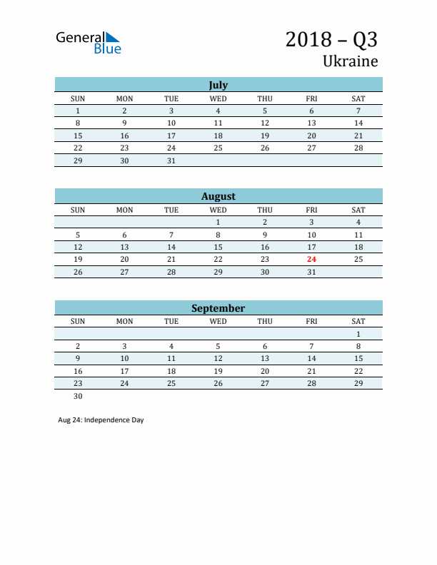 Three-Month Planner for Q3 2018 with Holidays - Ukraine
