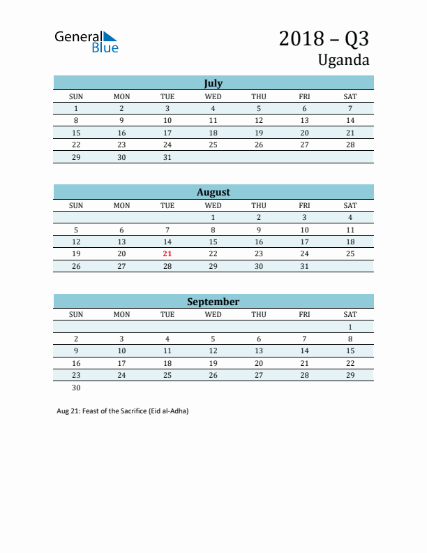 Three-Month Planner for Q3 2018 with Holidays - Uganda