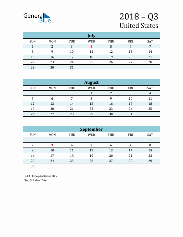 Three-Month Planner for Q3 2018 with Holidays - United States