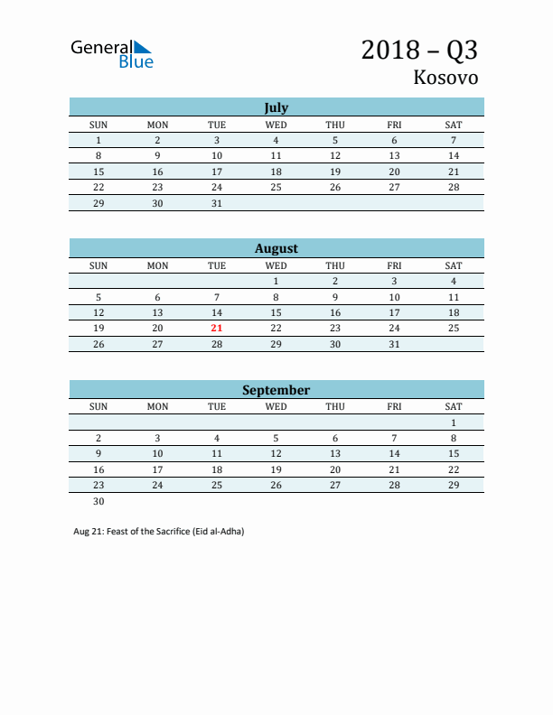 Three-Month Planner for Q3 2018 with Holidays - Kosovo