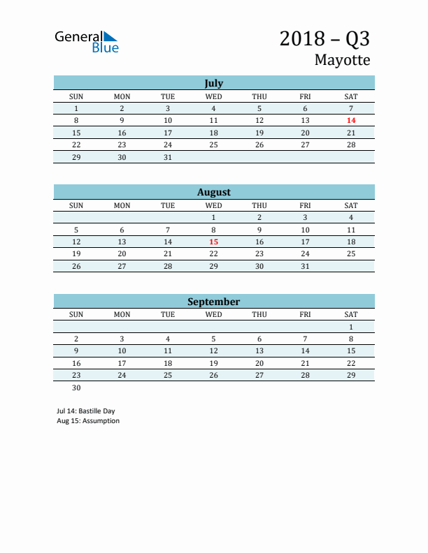 Three-Month Planner for Q3 2018 with Holidays - Mayotte