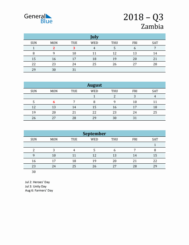 Three-Month Planner for Q3 2018 with Holidays - Zambia