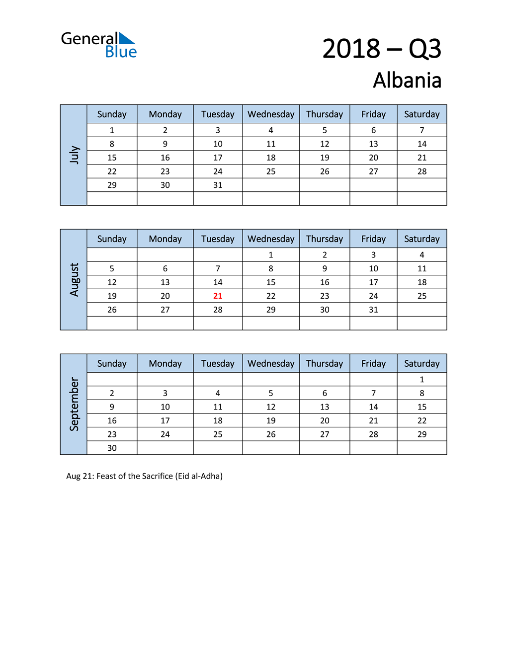  Free Q3 2018 Calendar for Albania