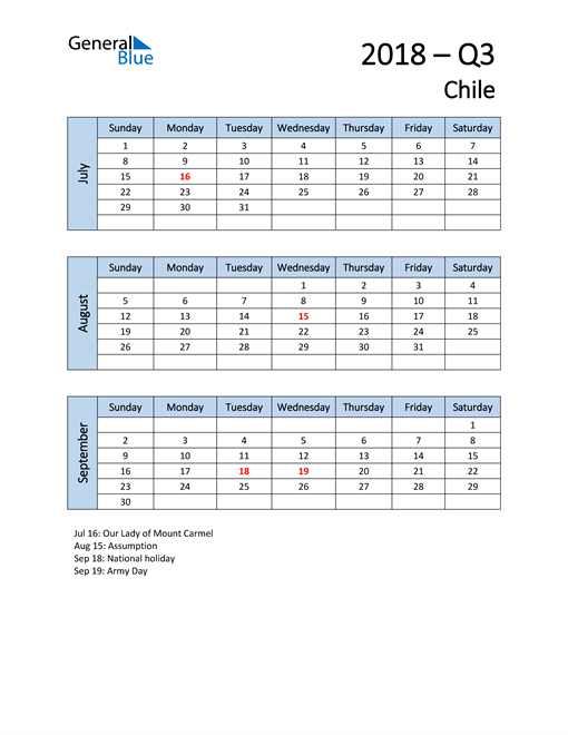  Free Q3 2018 Calendar for Chile