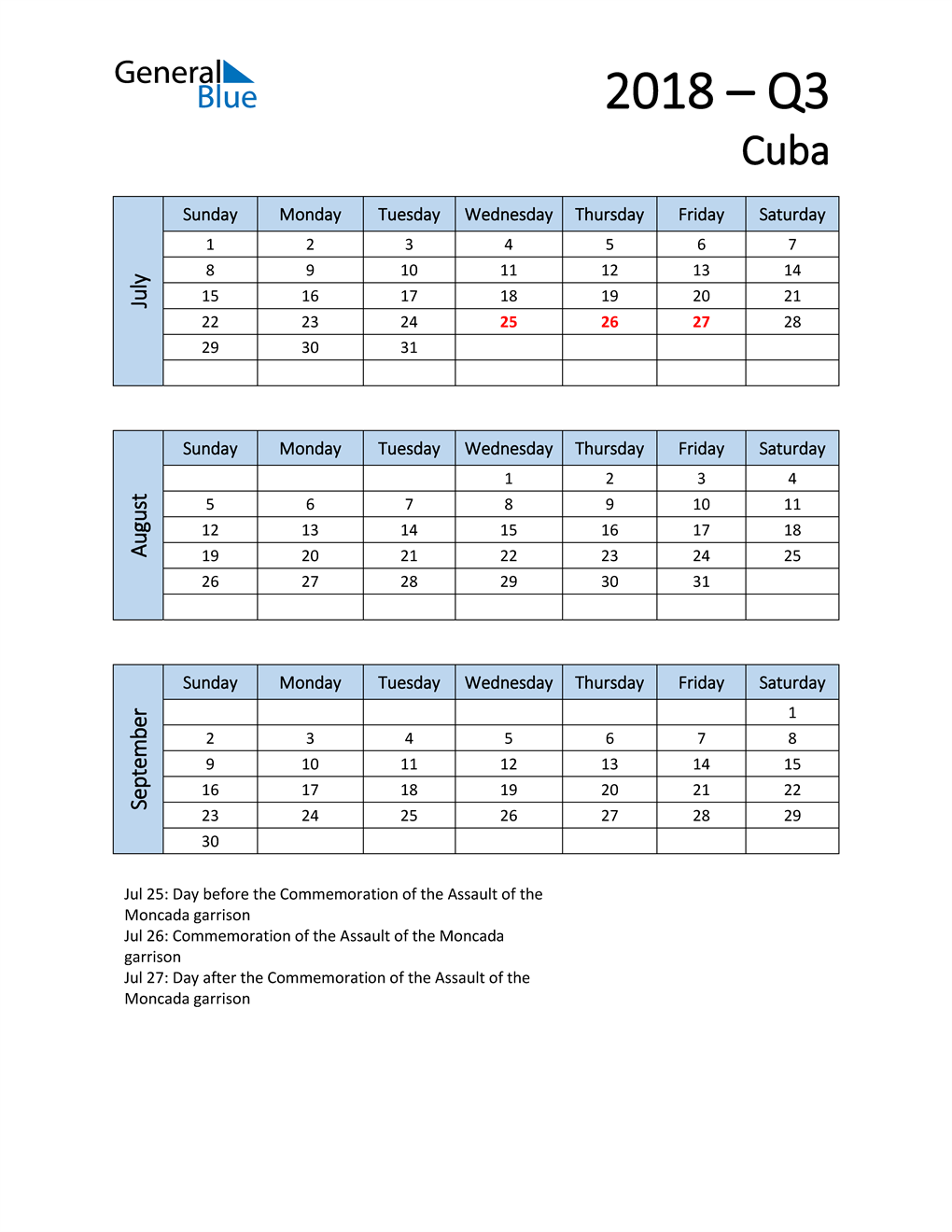  Free Q3 2018 Calendar for Cuba