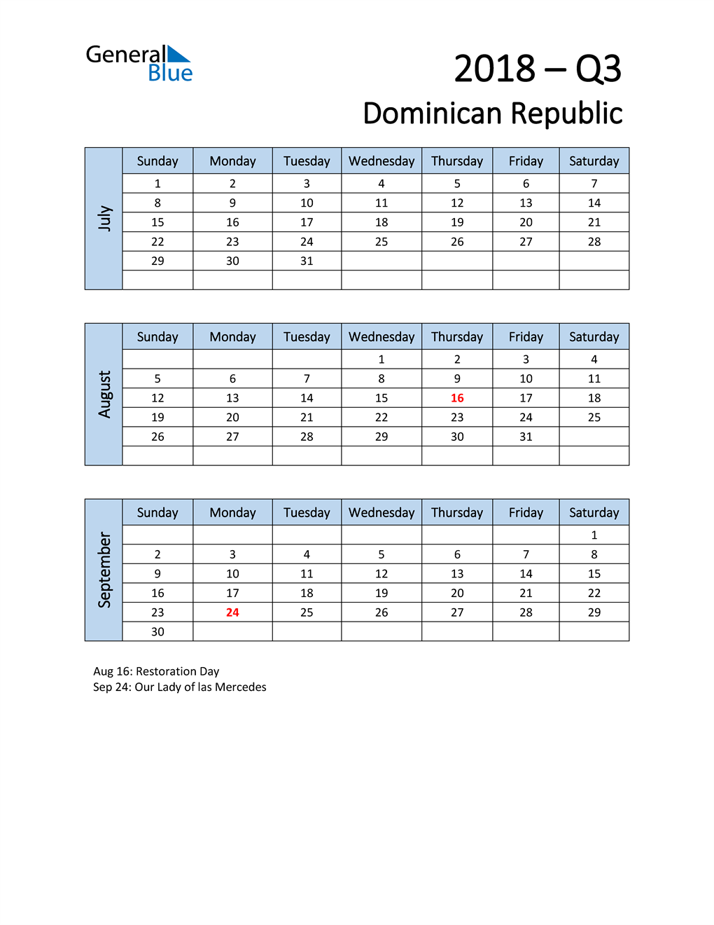  Free Q3 2018 Calendar for Dominican Republic