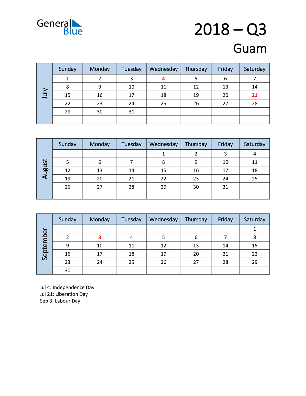  Free Q3 2018 Calendar for Guam