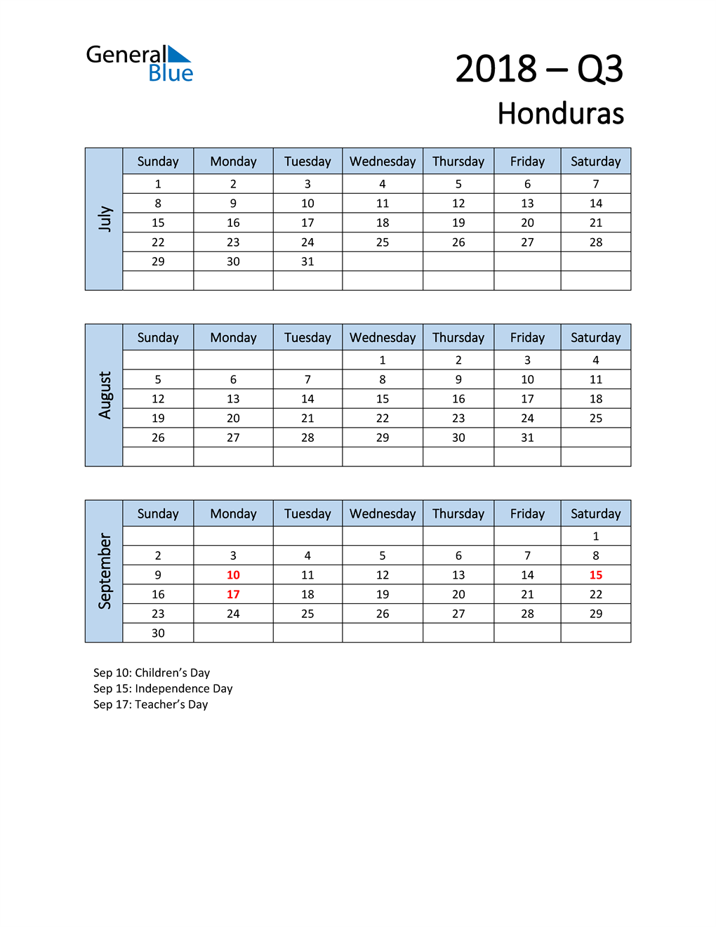  Free Q3 2018 Calendar for Honduras