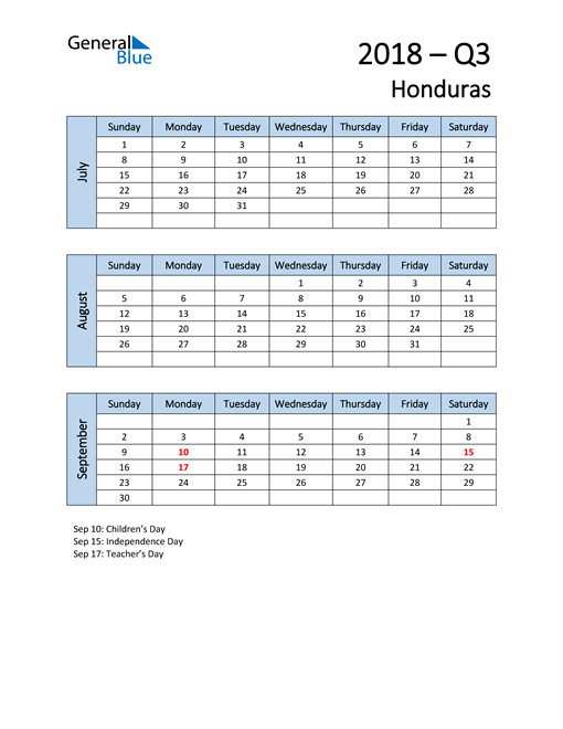  Free Q3 2018 Calendar for Honduras