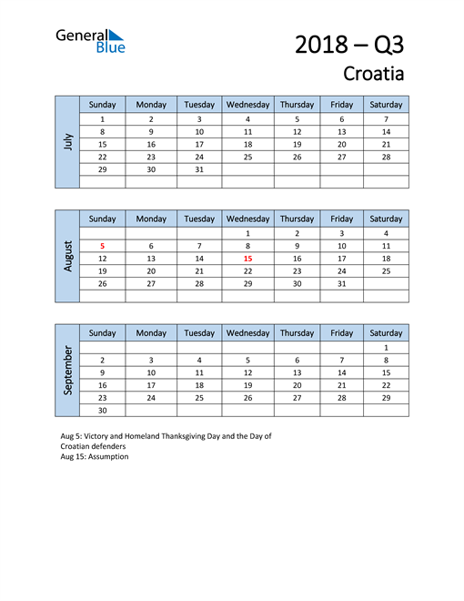 Free Q3 2018 Calendar for Croatia