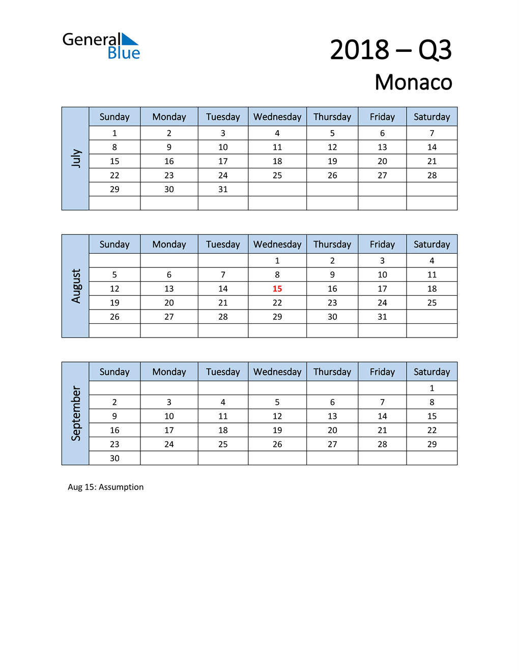  Free Q3 2018 Calendar for Monaco