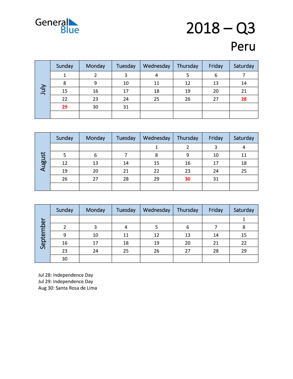  Free Q3 2018 Calendar for Peru