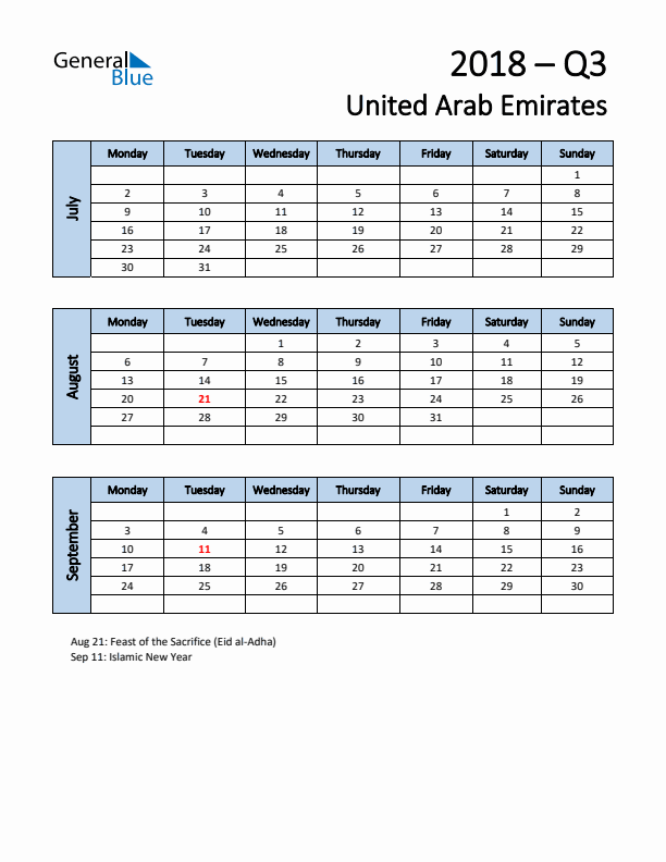 Free Q3 2018 Calendar for United Arab Emirates - Monday Start