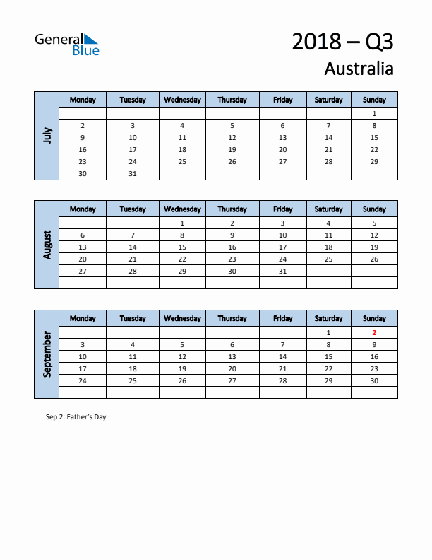 Free Q3 2018 Calendar for Australia - Monday Start