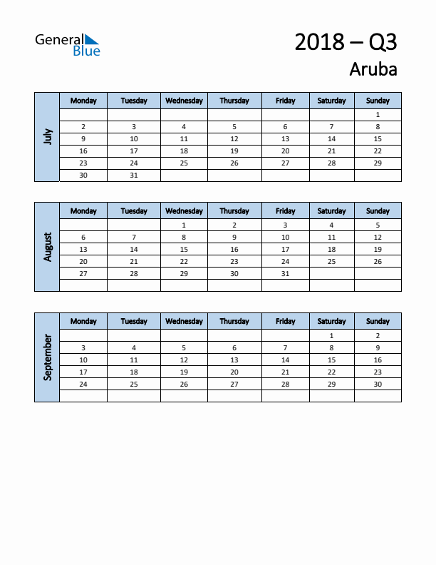 Free Q3 2018 Calendar for Aruba - Monday Start