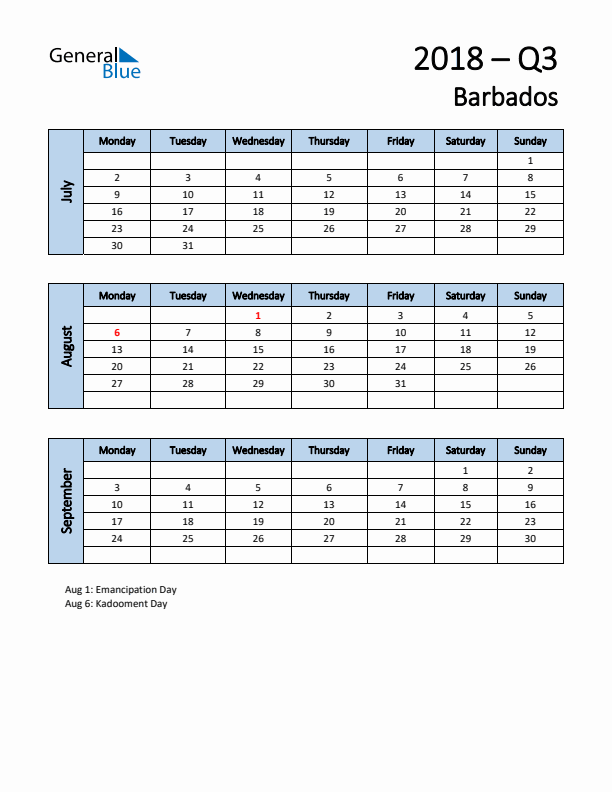 Free Q3 2018 Calendar for Barbados - Monday Start