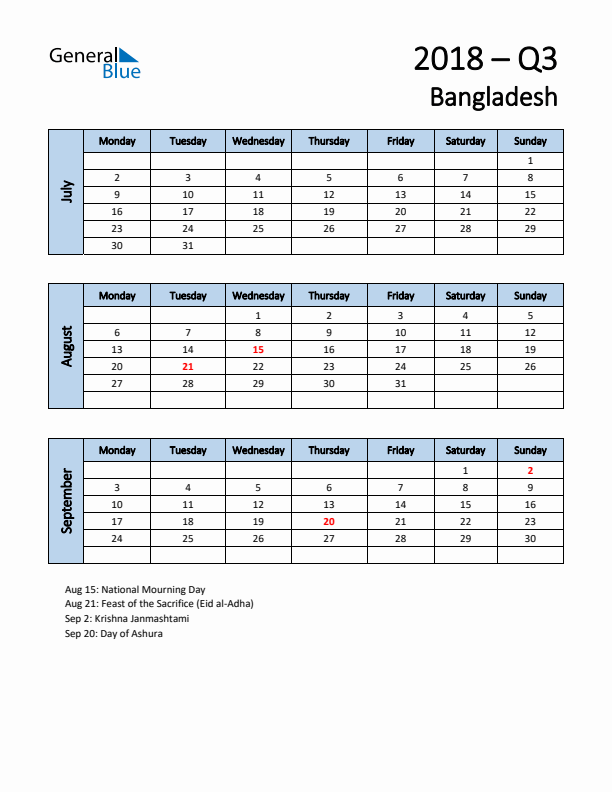 Free Q3 2018 Calendar for Bangladesh - Monday Start