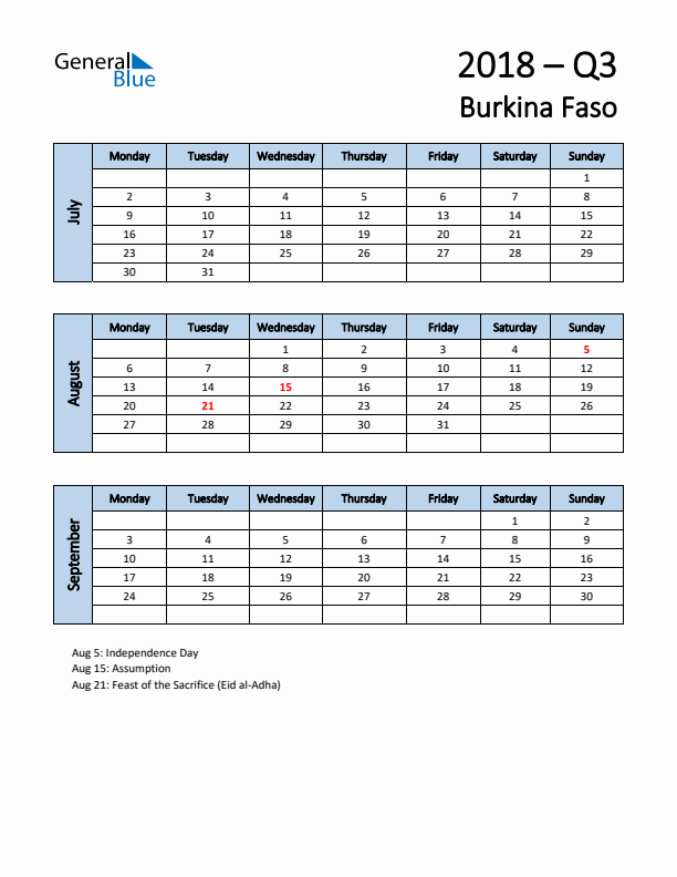 Free Q3 2018 Calendar for Burkina Faso - Monday Start