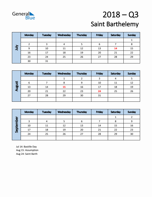Free Q3 2018 Calendar for Saint Barthelemy - Monday Start