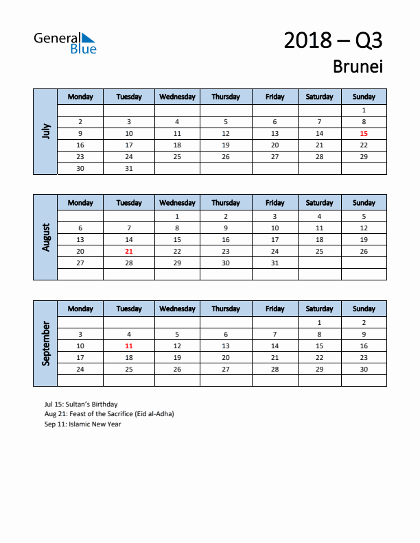 Free Q3 2018 Calendar for Brunei - Monday Start