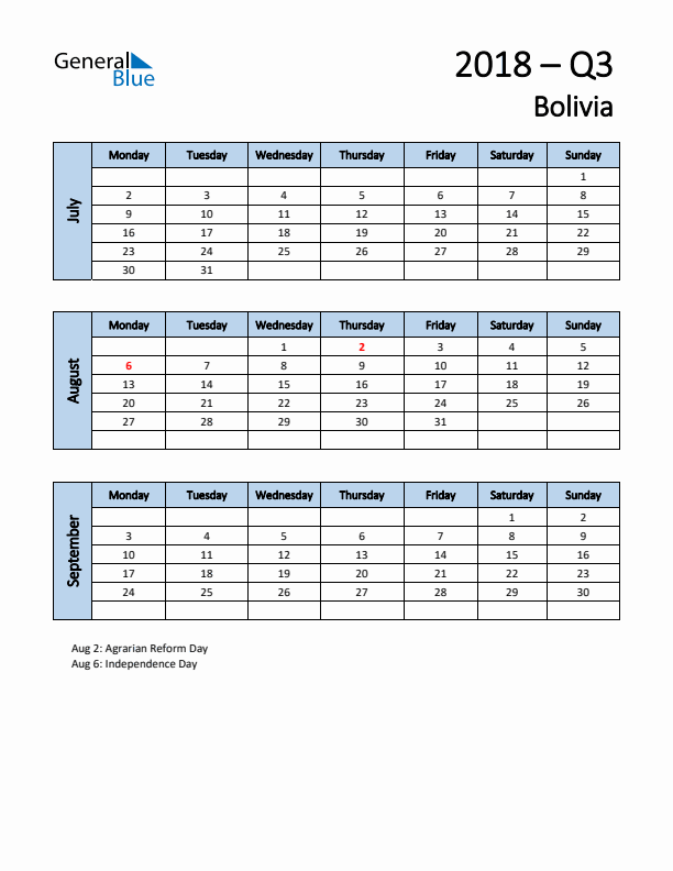 Free Q3 2018 Calendar for Bolivia - Monday Start