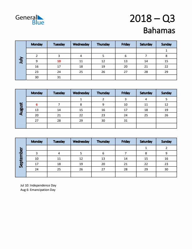 Free Q3 2018 Calendar for Bahamas - Monday Start