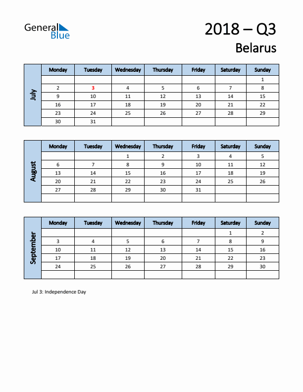 Free Q3 2018 Calendar for Belarus - Monday Start