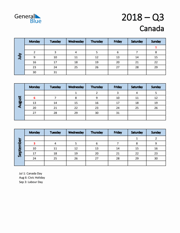 Free Q3 2018 Calendar for Canada - Monday Start