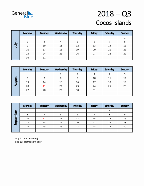 Free Q3 2018 Calendar for Cocos Islands - Monday Start
