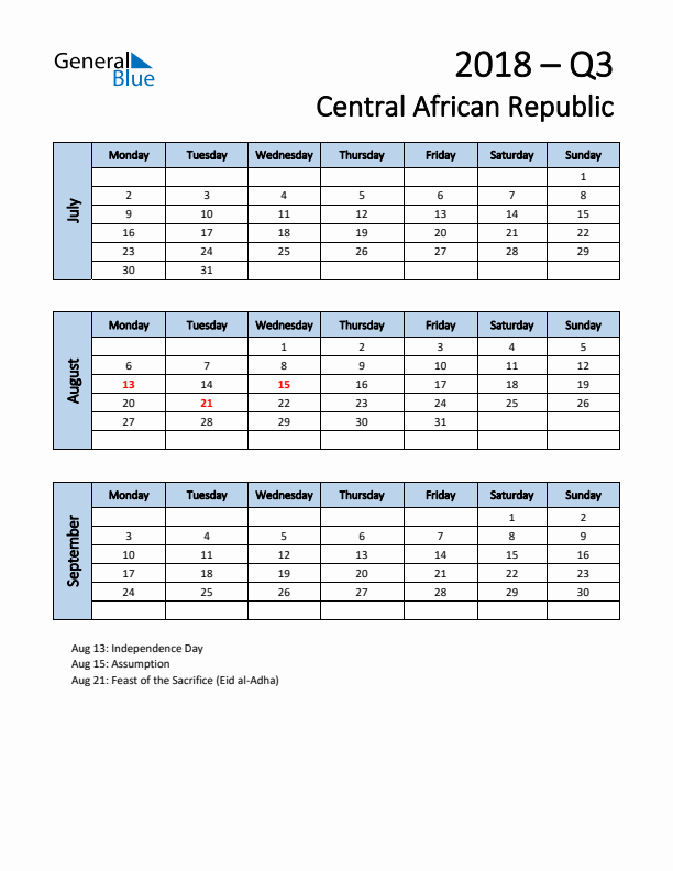 Free Q3 2018 Calendar for Central African Republic - Monday Start
