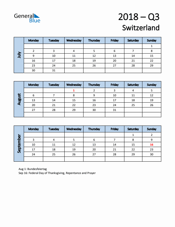 Free Q3 2018 Calendar for Switzerland - Monday Start