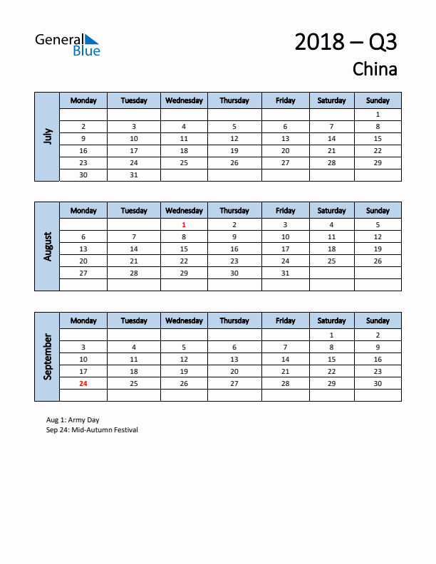 Free Q3 2018 Calendar for China - Monday Start