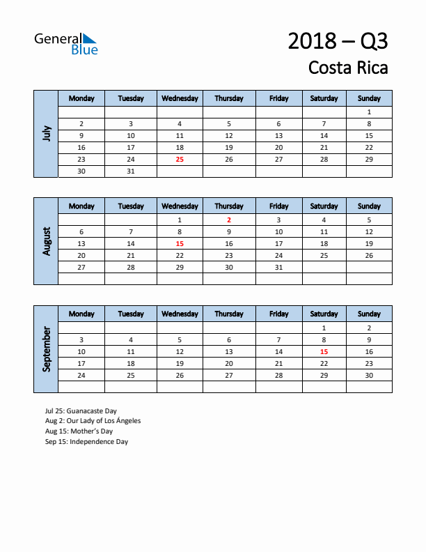 Free Q3 2018 Calendar for Costa Rica - Monday Start