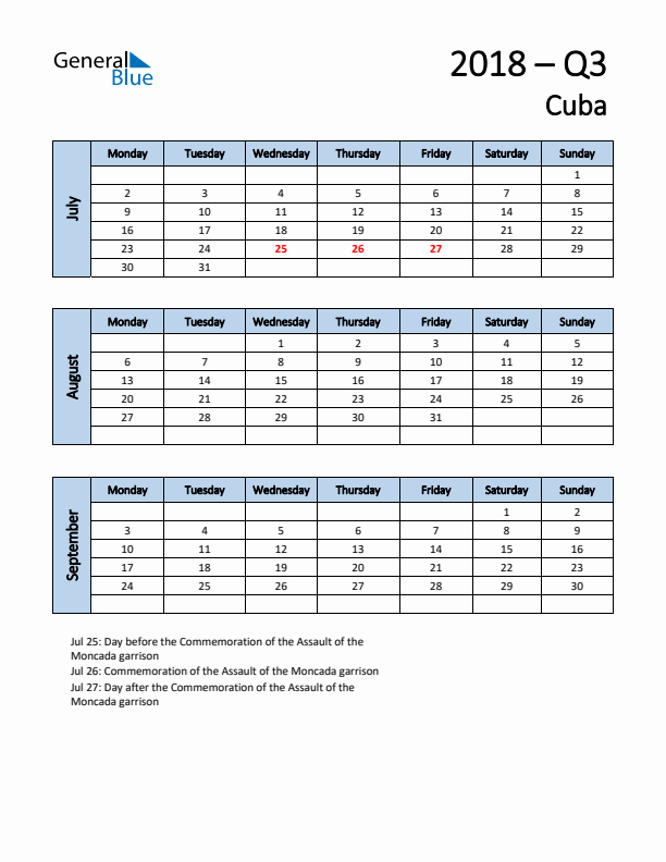 Free Q3 2018 Calendar for Cuba - Monday Start