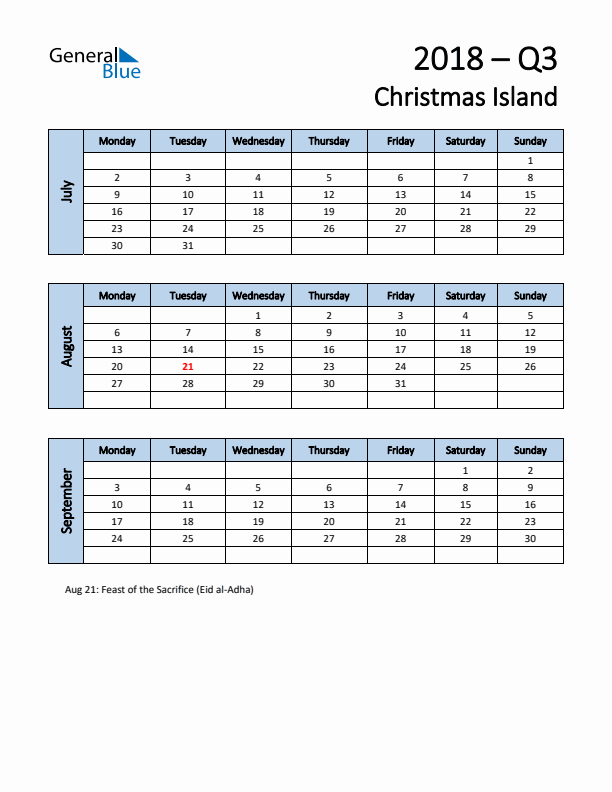 Free Q3 2018 Calendar for Christmas Island - Monday Start