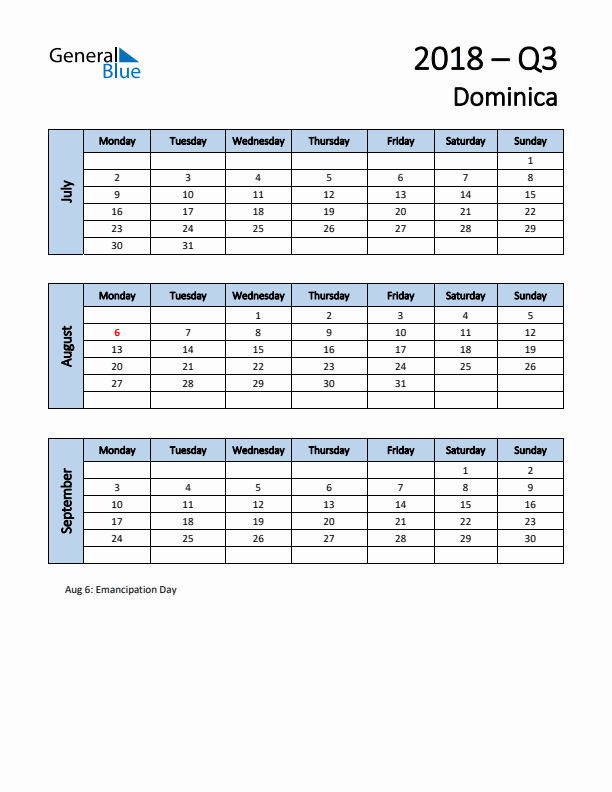 Free Q3 2018 Calendar for Dominica - Monday Start