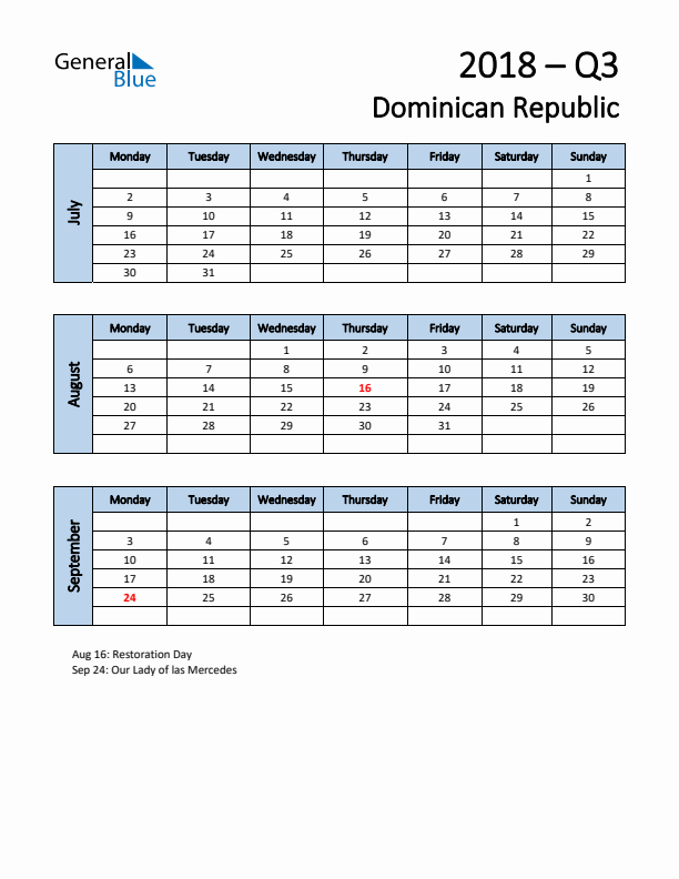 Free Q3 2018 Calendar for Dominican Republic - Monday Start