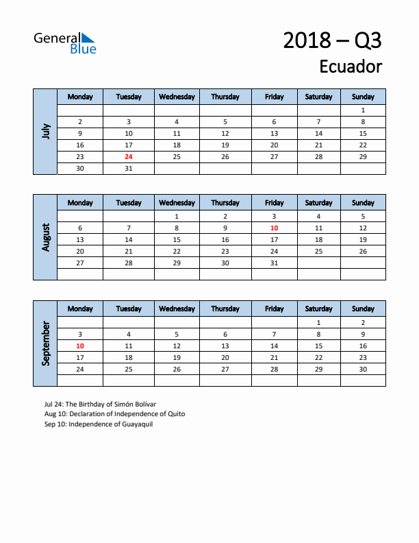 Free Q3 2018 Calendar for Ecuador - Monday Start