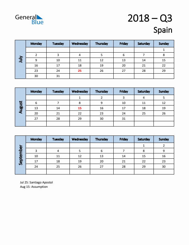 Free Q3 2018 Calendar for Spain - Monday Start