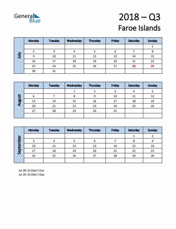 Free Q3 2018 Calendar for Faroe Islands - Monday Start