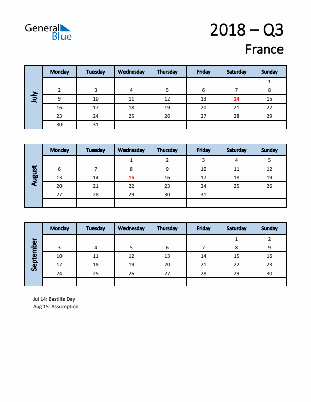 Free Q3 2018 Calendar for France - Monday Start