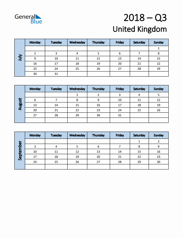 Free Q3 2018 Calendar for United Kingdom - Monday Start